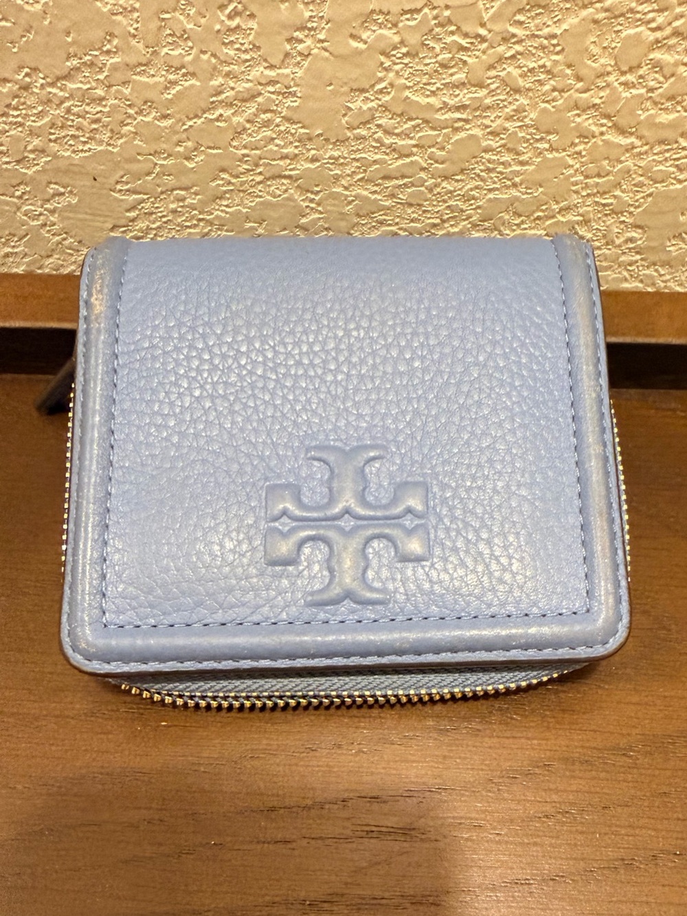 Tory Burch Pastel Blue Pebbled Leather Zip Around Wallet